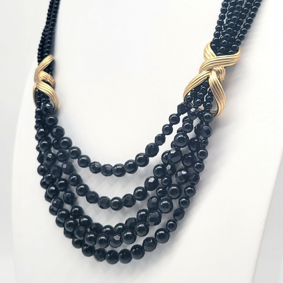 Oscar de la Renta Black Glass Bead Multistrand Layered Swag Necklace Gold Detail - Picture 4 of 13
